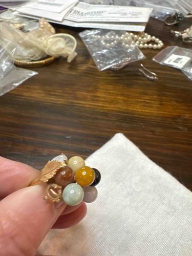 Mid-Century Japanese Multi-Color Jadeite Bead and Gold Foliate Ring (c. 1955)