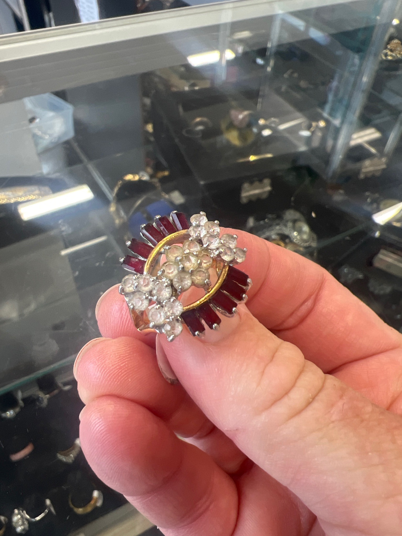 Vintage Circular Cocktail Brooch with Red and Clear Stones