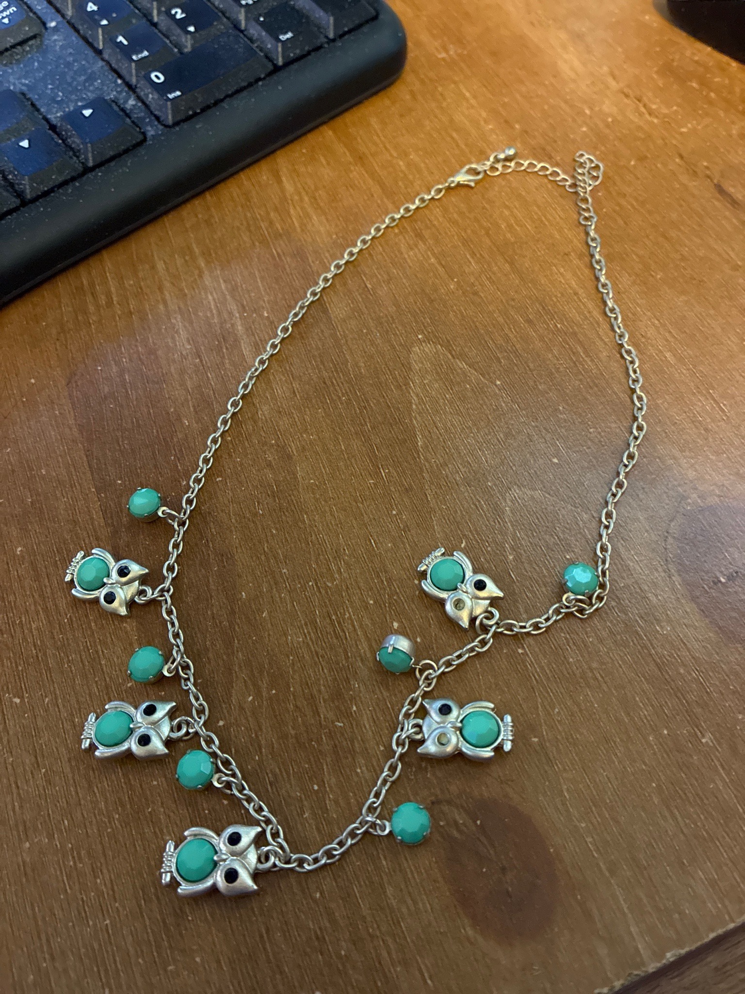 Submitted photo of Owl charm necklace with turquoise-colored stones