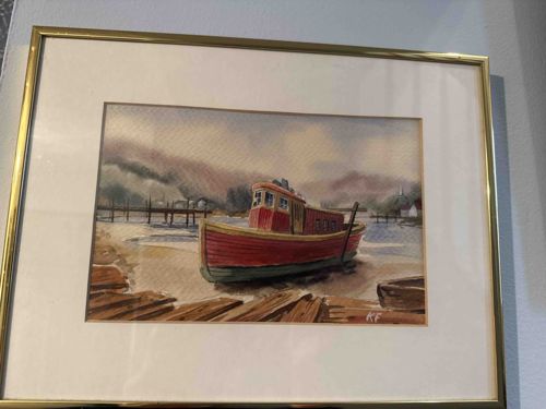 Framed Original Nautical Watercolor Painting signed 'KF'