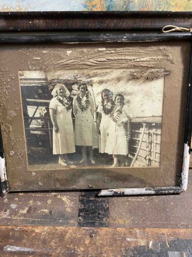 Framed Vintage Black and White 'Four Women with Leis' Photograph