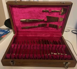 Thai Bronze Cutlery Set in Teakwood Chest