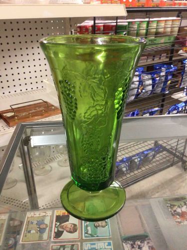 Emerald Green Footed Glass Vase with Grape & Vine Motif