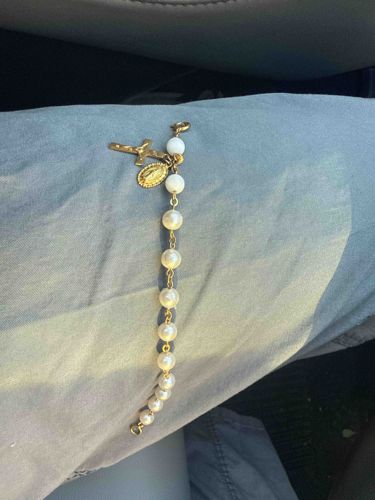Rosary Bracelet with Faux Pearls and Gold-Tone Charms