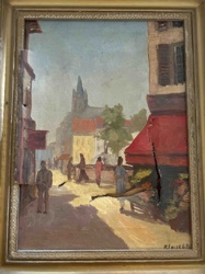 European Street Scene with Church Tower
