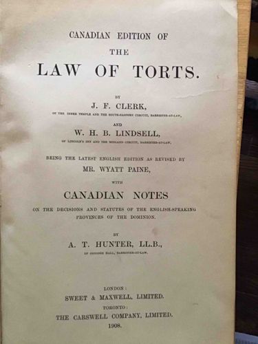 Canadian Edition of The Law of Torts (1908)