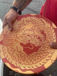 Red and Gold Dragon Design Round Wooden Tray or Platter