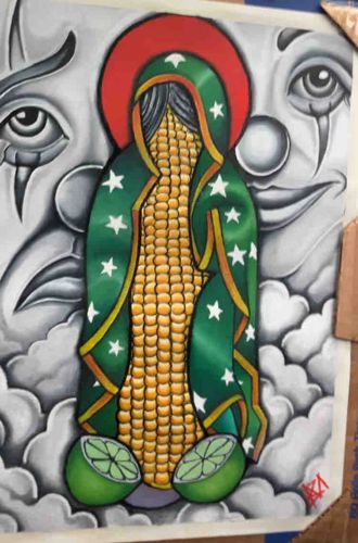 Our Lady of Guadalupe Corn and Lime Cholo Clown Art