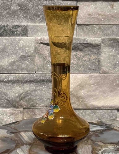 Mid-Century Amber Glass Bud Vase with Gilt Enamel Floral Decoration
