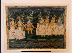 Indian Miniature Painting of Krishna and Gopis with Shepherds and Goats by Moonlight