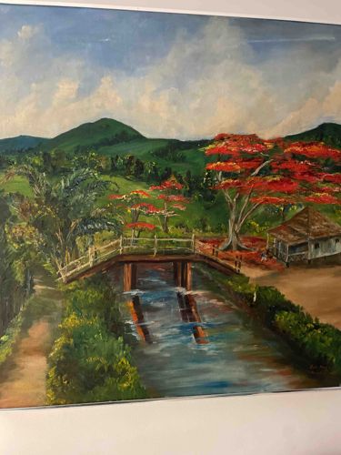 Tropical Landscape with Flamboyant Trees and Bridge