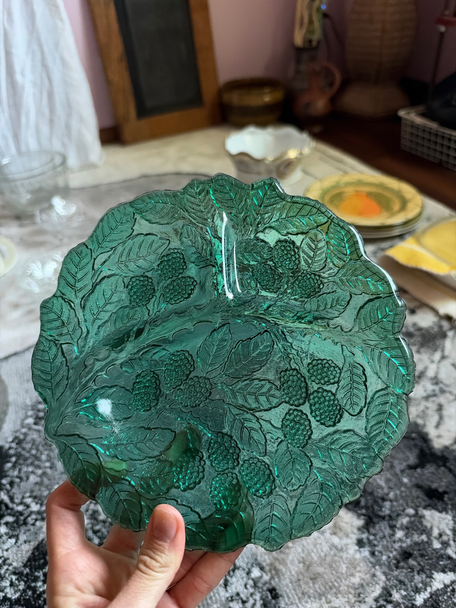 Submitted photo of Green pressed glass divided relish dish with blackberry and leaf motif