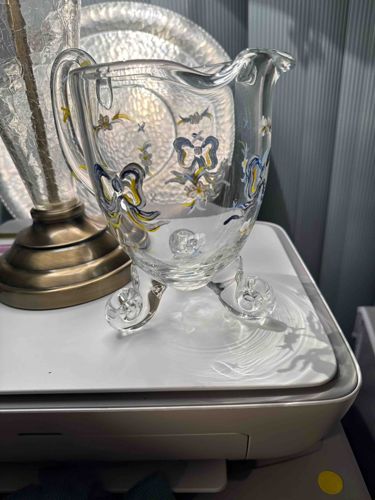Hand-Painted Floral and Ribbon Enamel Glass Creamer with Scroll Feet