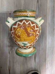Majolica Style Double-Handled Amphora Vase with Feline Motif