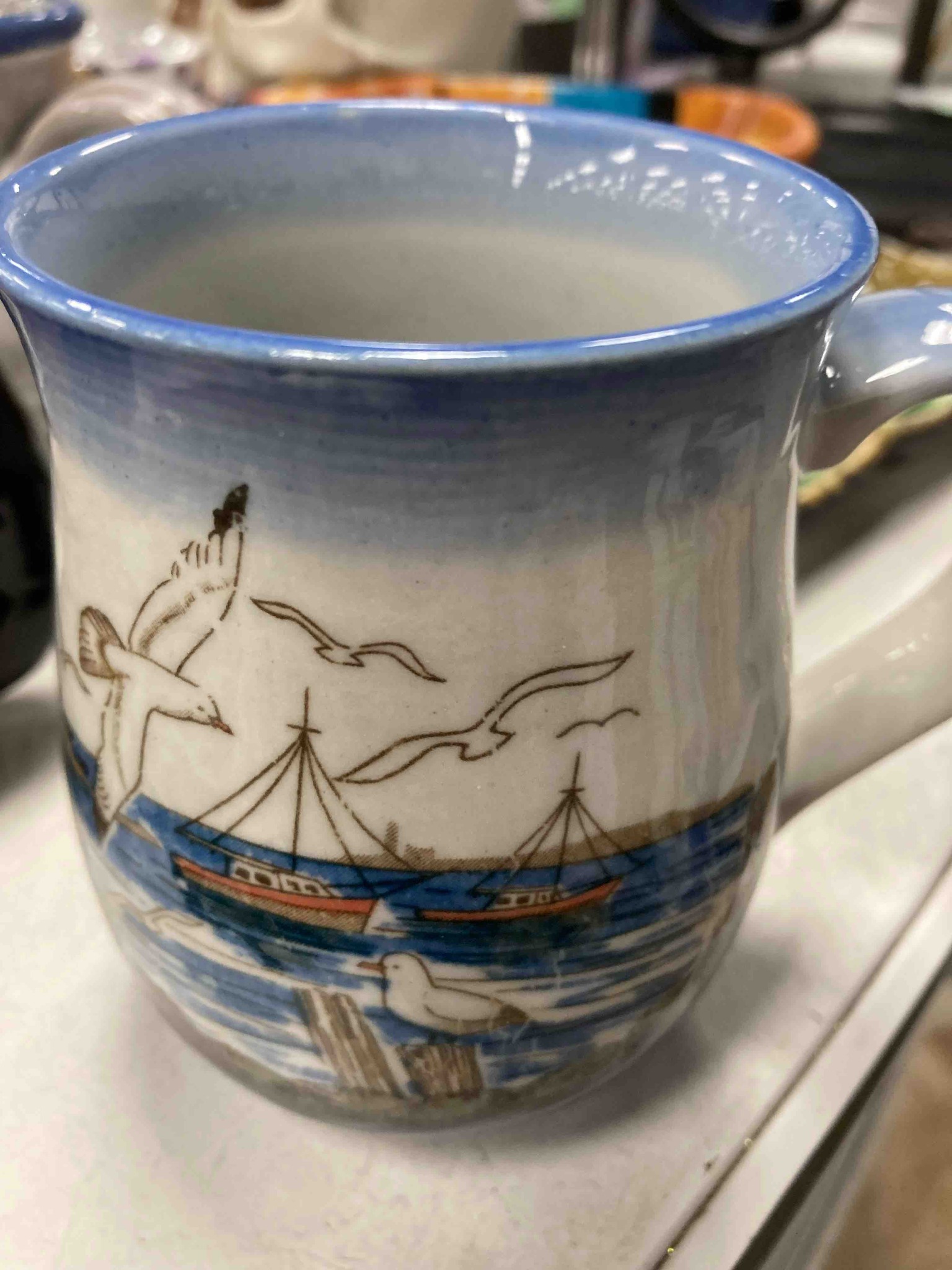 Nautical-Themed Ceramic Mug with Seagulls and Fishing Boats