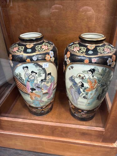 Pair of Oriental Figural and Floral Patterned Vases