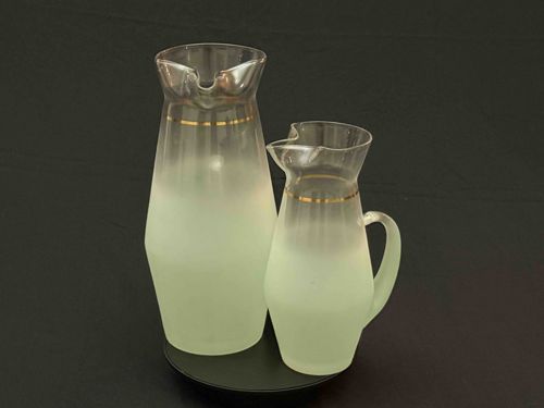 Set of Two Frosted Glass Pitchers with Gold Bands