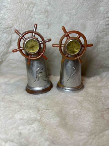 Vintage Ship's Wheel and Pedestal Salt and Pepper Shakers with Inset Compasses