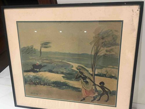Framed Watercolor Painting of a Rural Landscape with Figures