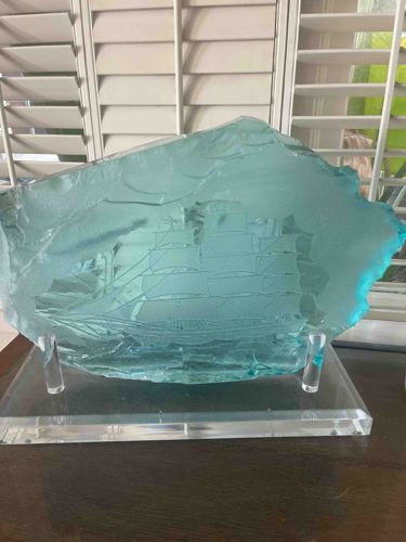Etched Glass Clipper Ship Sculpture