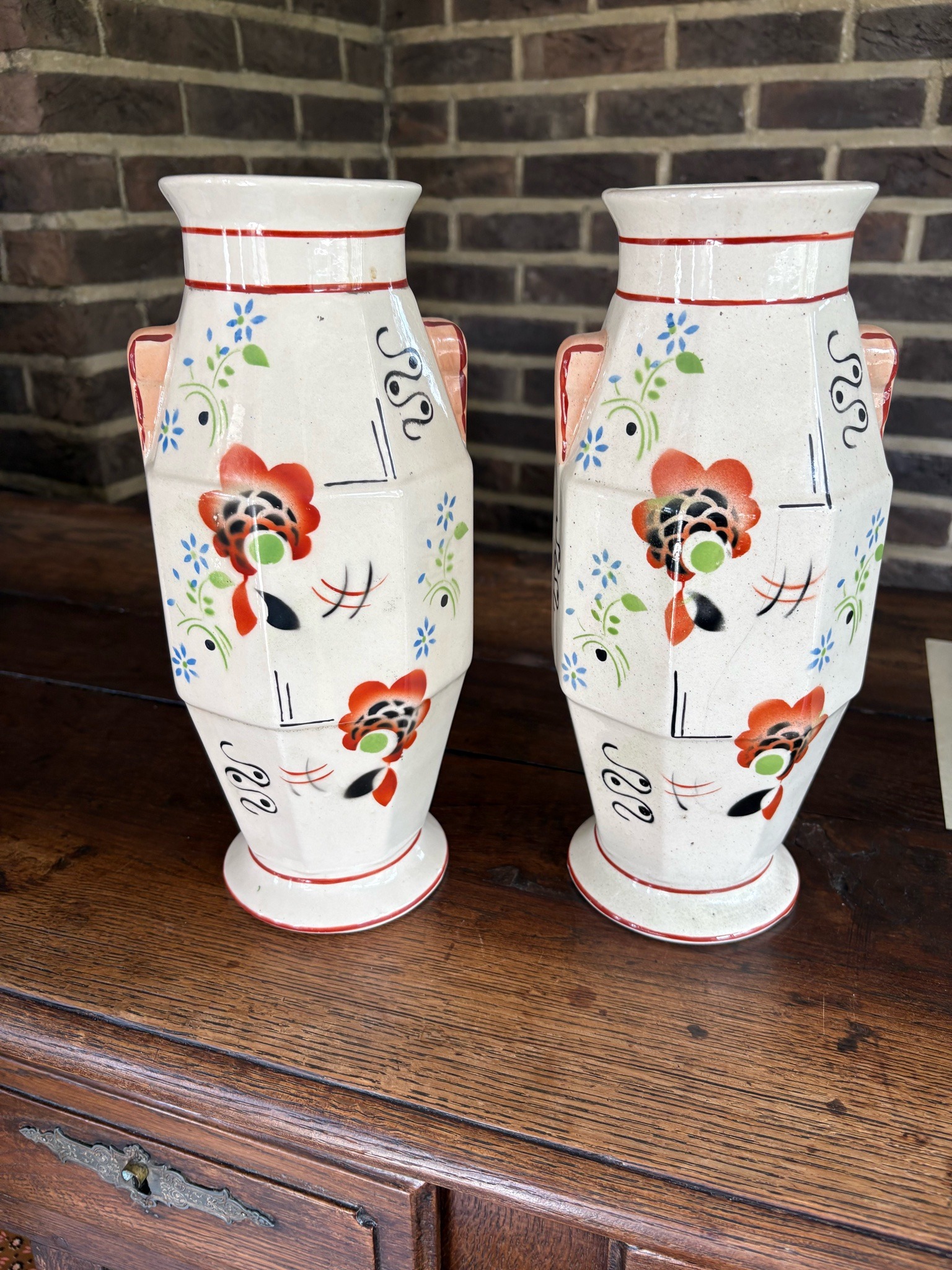 Submitted photo of Pair of Art Deco ceramic mantel vases, attributed to Czechoslovakian makers (not authenticated)