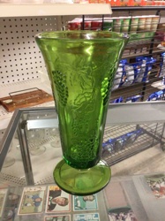 Emerald Green Footed Glass Vase with Grape & Vine Motif