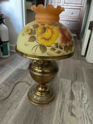 Vintage Brass and Hand-Painted Glass Oil Lamp / Kerosene Lamp