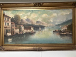 Lakeside Mountain Village Oil Painting