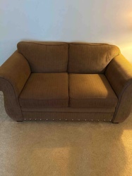 Brown Fabric Loveseat with Nailhead Trim