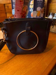 Black Faux Leather Crossbody Bag with Gold Ring Handle