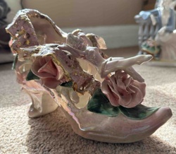 Porcelain High-Heel Shoe Planter with Applied Roses and Cherub/Putto