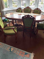 Vintage Carved Wood Dining Set with Green Upholstery