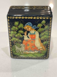 Russian Lacquer Miniature Box with Folk Scene