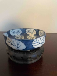 Japanese Blue and White Porcelain Square Bowl with Leaf Motif