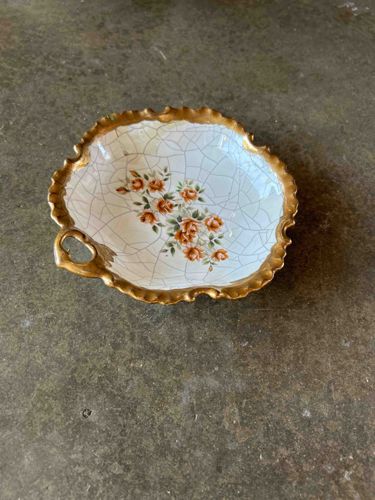 Gilded Scalloped Ceramic Dish with Rose Motif and Crackle Glaze