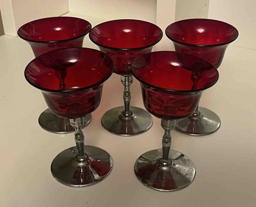 Set of 5 Ruby Red Glass Goblets with Metal Stems