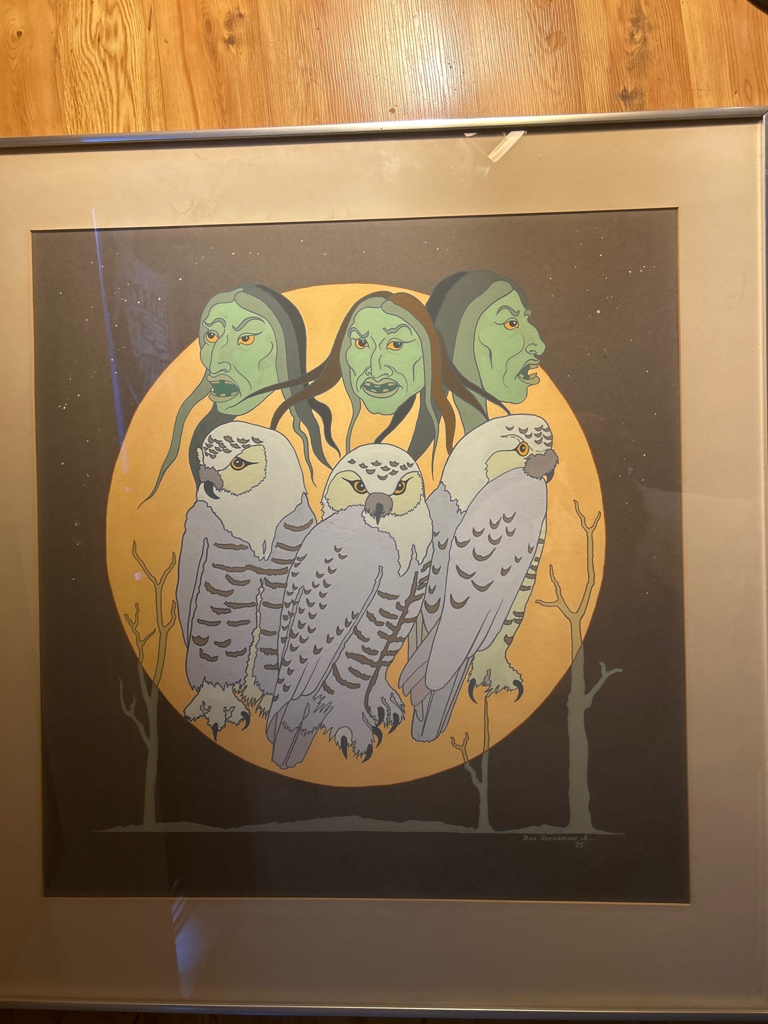 Submitted photo of Framed Native American Style Gouache or Serigraph Print Featuring Owls and Figures, Signed Don Secondine Jr. '75