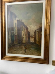 Framed Oil Painting of a European Street Scene