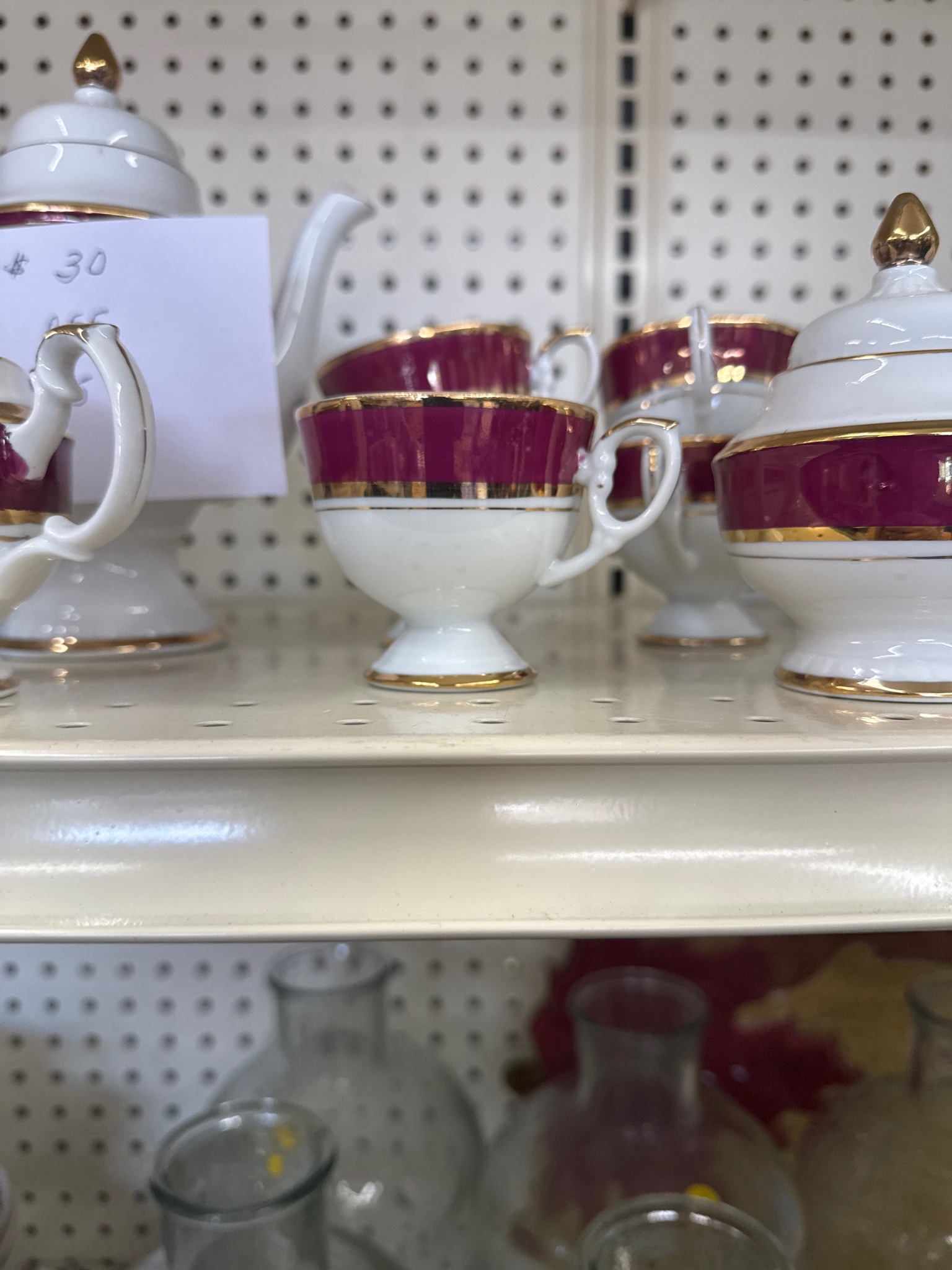 Vintage Porcelain Tea Set with Burgundy Banding and Gilt Trim
