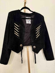 Women's Black Suede Western Style Cropped Jacket with Fringe and Bone Lacing