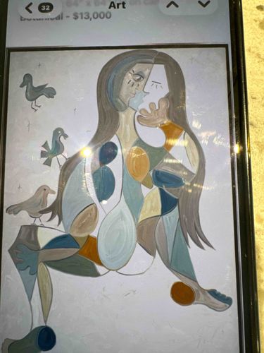 Modernist Figurative Painting of Entwined Figures with Birds