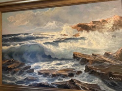 Seascape Oil Painting with Crashing Waves and Rocky Shore
