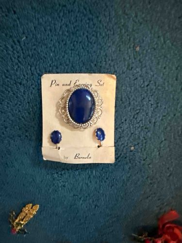 Vintage Berneia Blue Cabochon Pin and Earring Set