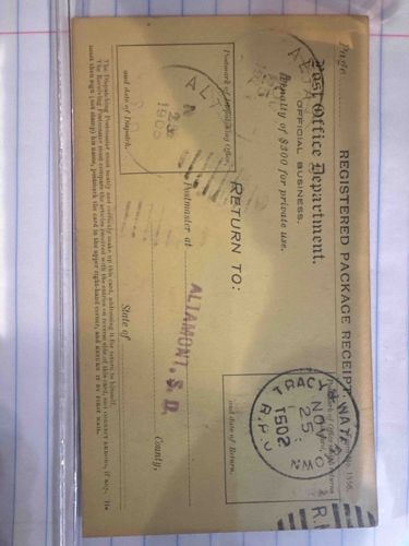Early 20th Century U.S. Post Office Registered Package Receipt