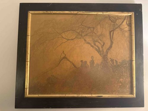 Hand-painted Chinoiserie Silk Painting in Faux-Bamboo Inner Frame