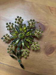 Vintage Green Rhinestone Snowflake Brooch