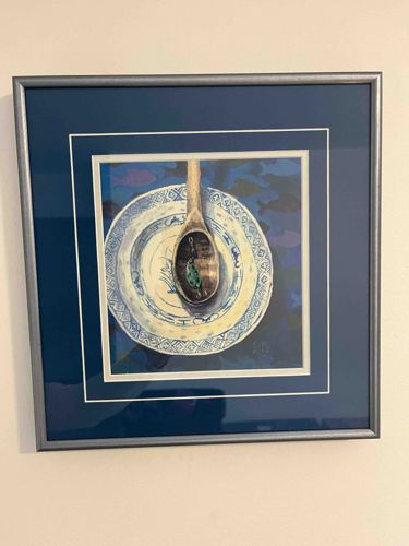 Framed "Plate, Spoon, and Green Object" Art Print