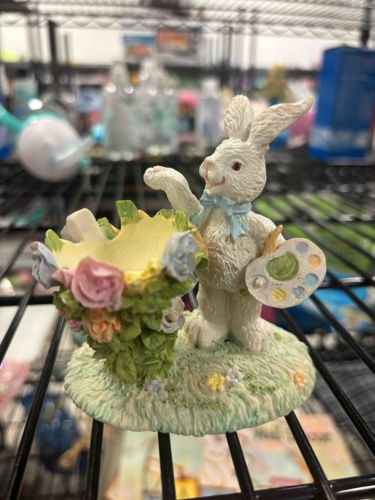 Articulated Resin Artist Bunny Figurine with Flower Basket