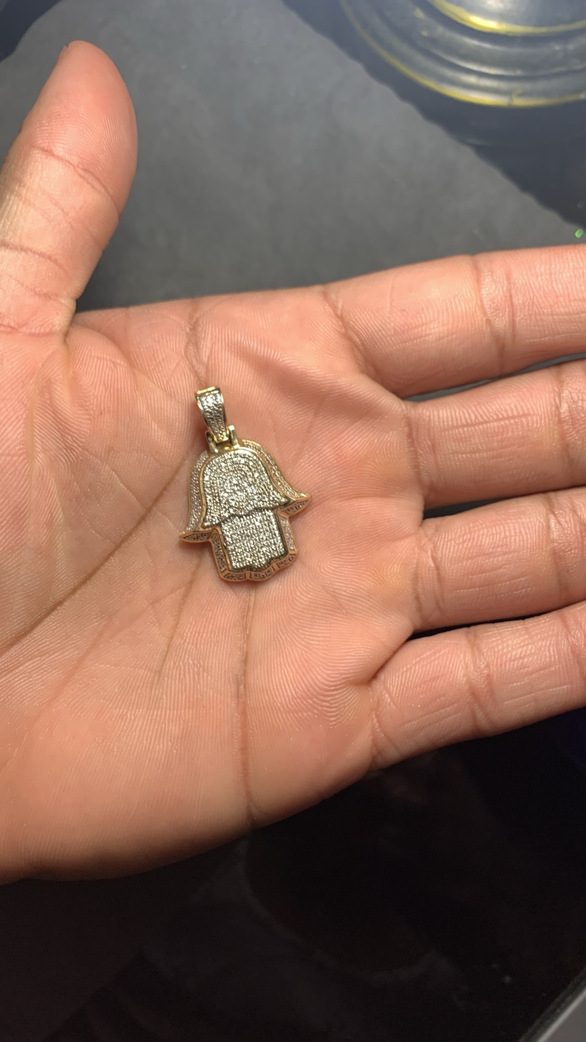 10K Yellow Gold Diamond Pave 3D Hamsa Hand Pendant