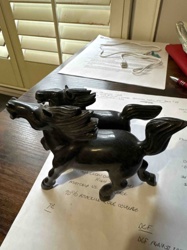 Pair of Dark Stone Carved Winged Qilin Statues